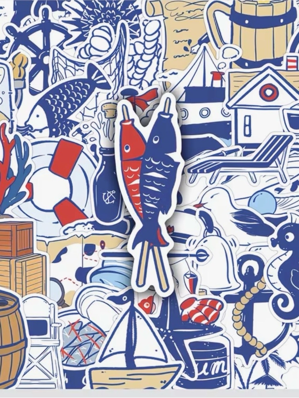 50 Blue White Nautical Stickers Anchor Ship Sailor Fish Lighthouse Rope Shell - Picture 12 of 16
